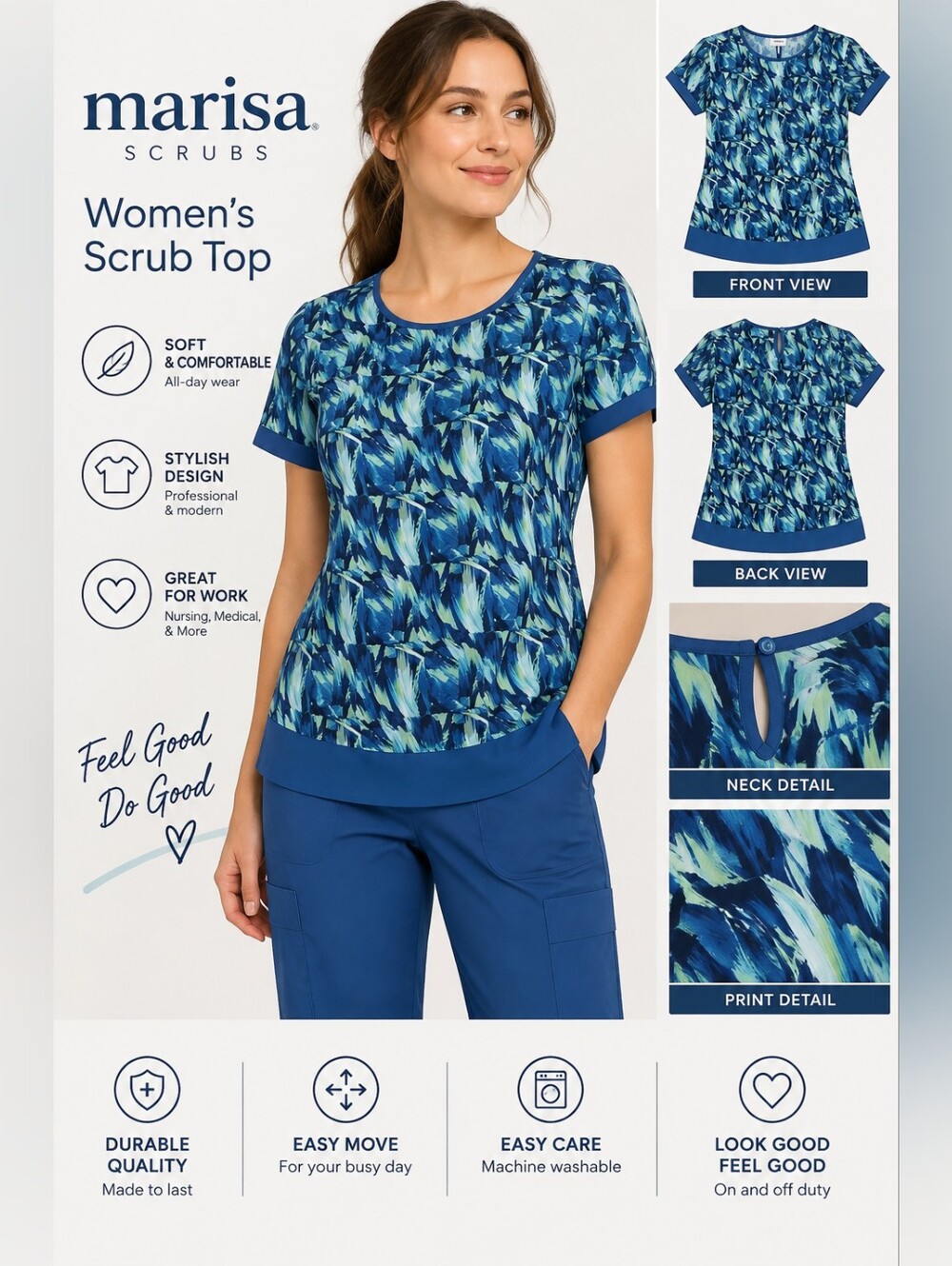 Marisa women's medium blue design medical scrub top #29
